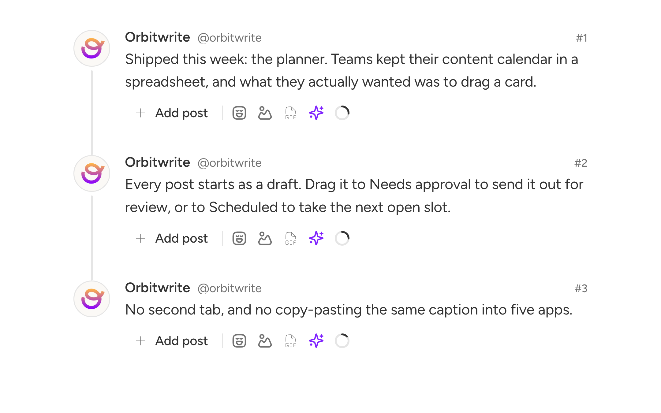 A chain of Threads posts in the composer, each row with its own 500-character count