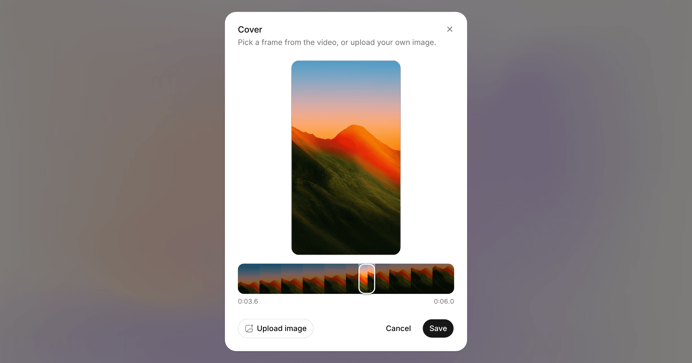 The Cover dialog for an Instagram Reel: a 9:16 preview of the picked frame, the strip of frames with that one selected, and Upload image beside Cancel and Save