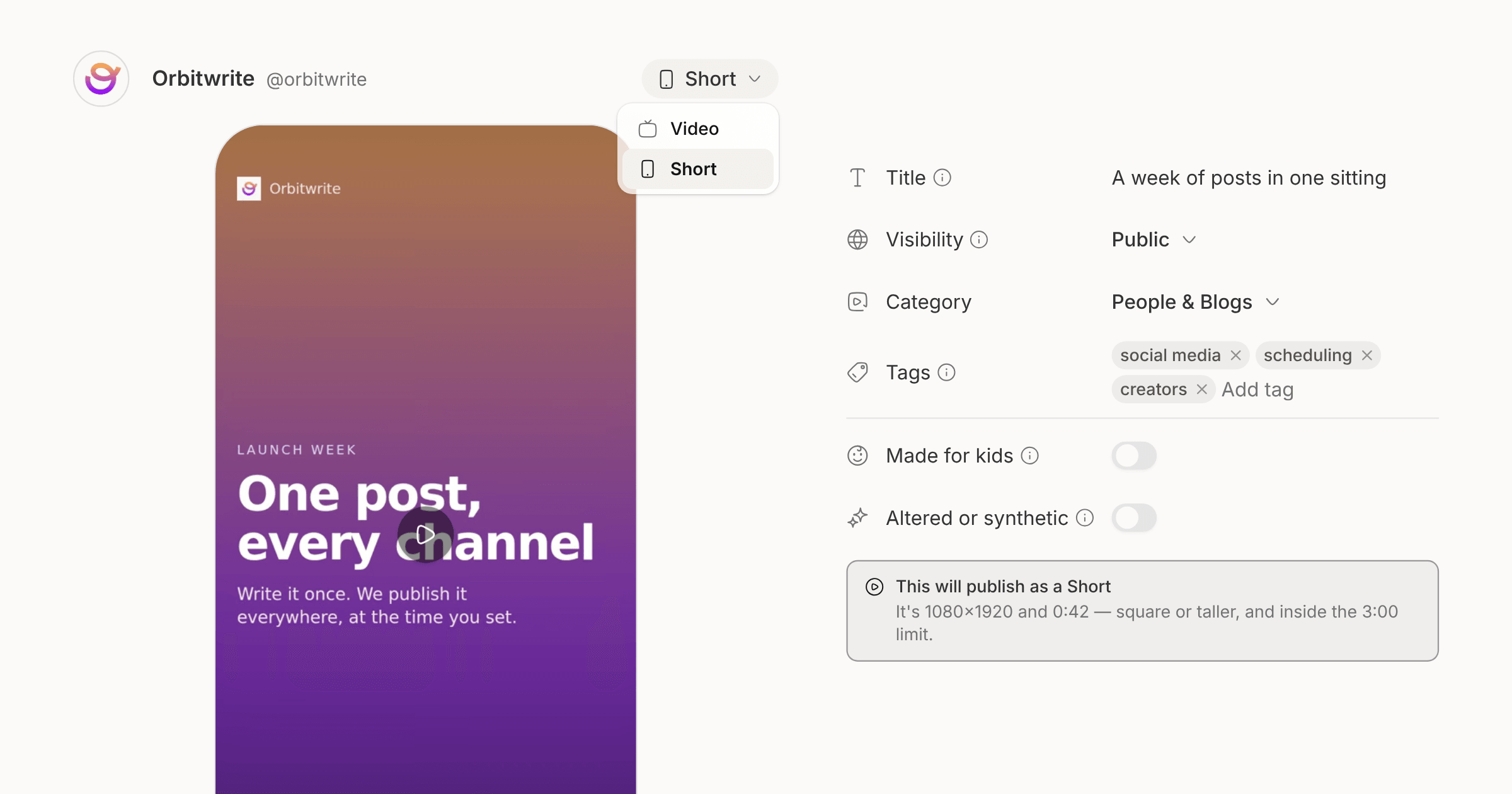 A YouTube post in the composer with Short picked, the vertical video in a phone frame, and the settings beside it saying it will publish as a Short