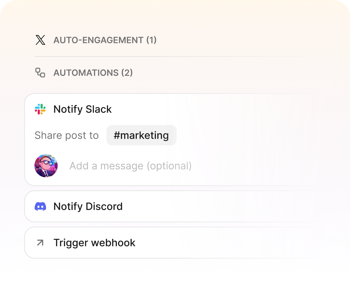 Automations list: notify Slack, notify Discord, trigger webhook