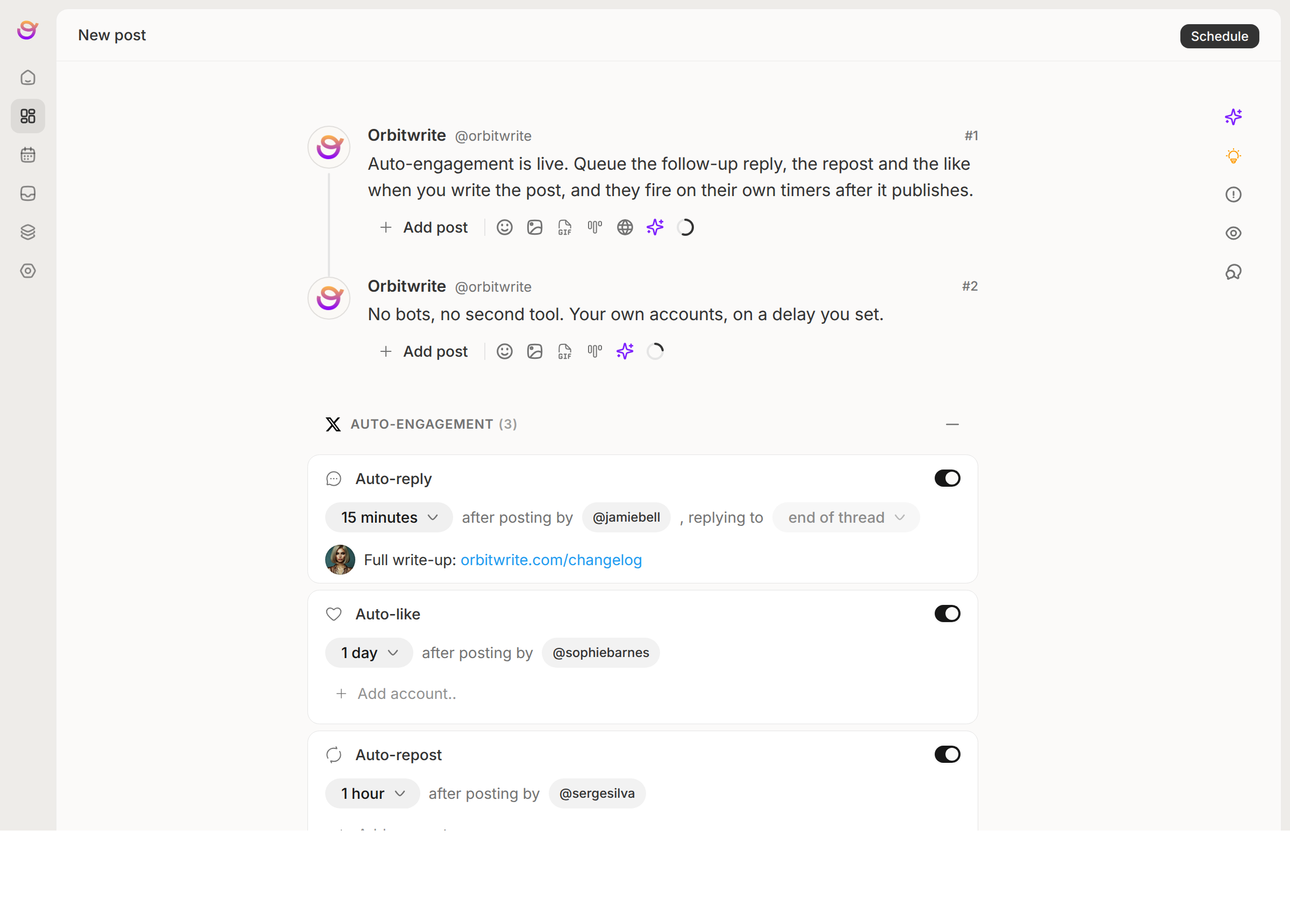 A draft in the Orbitwrite composer with its auto-engagement panel filled in: an auto-reply, an auto-like and an auto-repost, each from a different teammate on its own delay