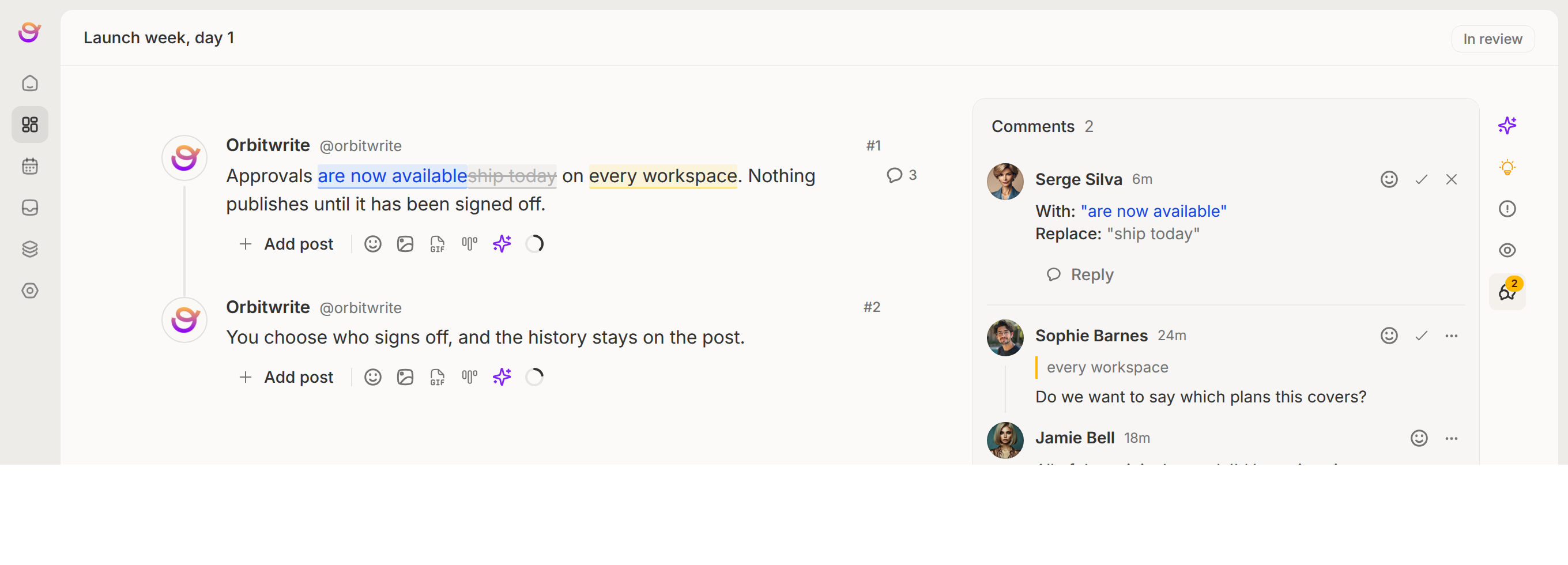 A draft in the Orbitwrite composer with a suggested edit and a comment, and the review panel beside it