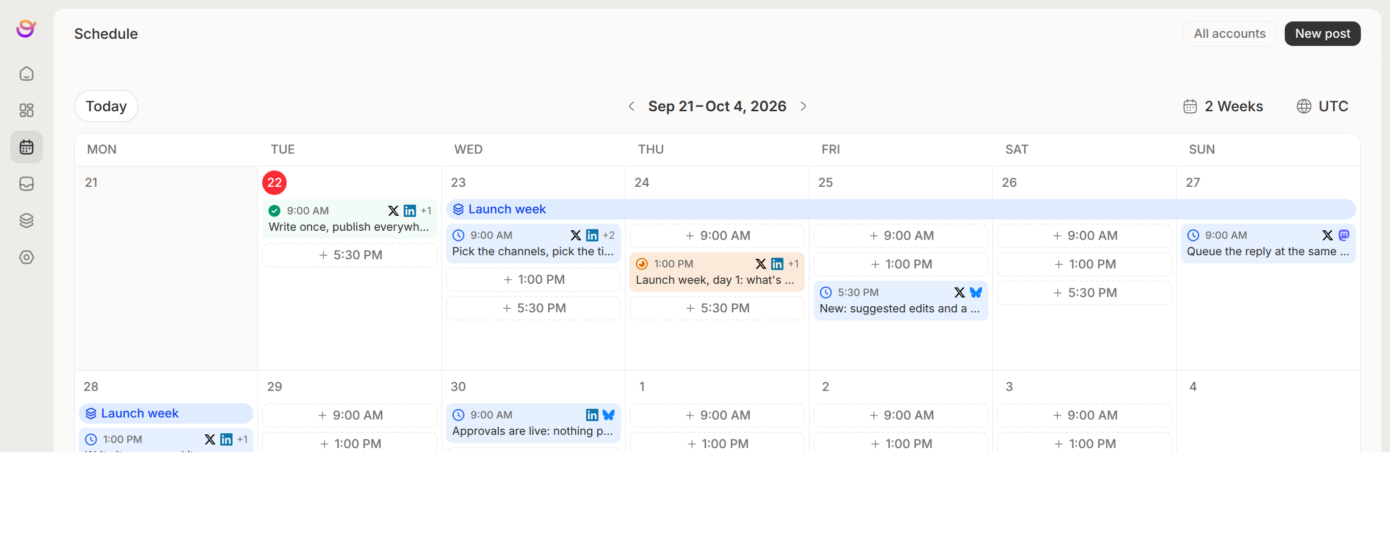 The Orbitwrite calendar: two weeks of posts on the workspace’s own posting times, with a campaign running across the launch days