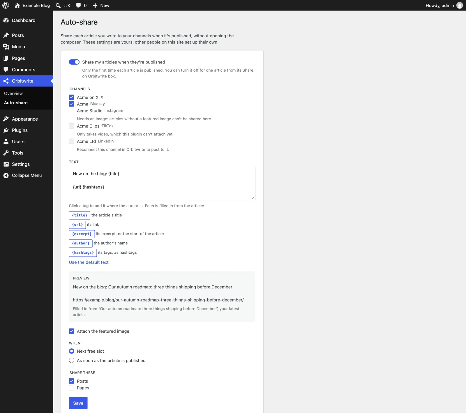 Auto-share settings: channels, the post text with its template tags, and a preview filled in from the latest article