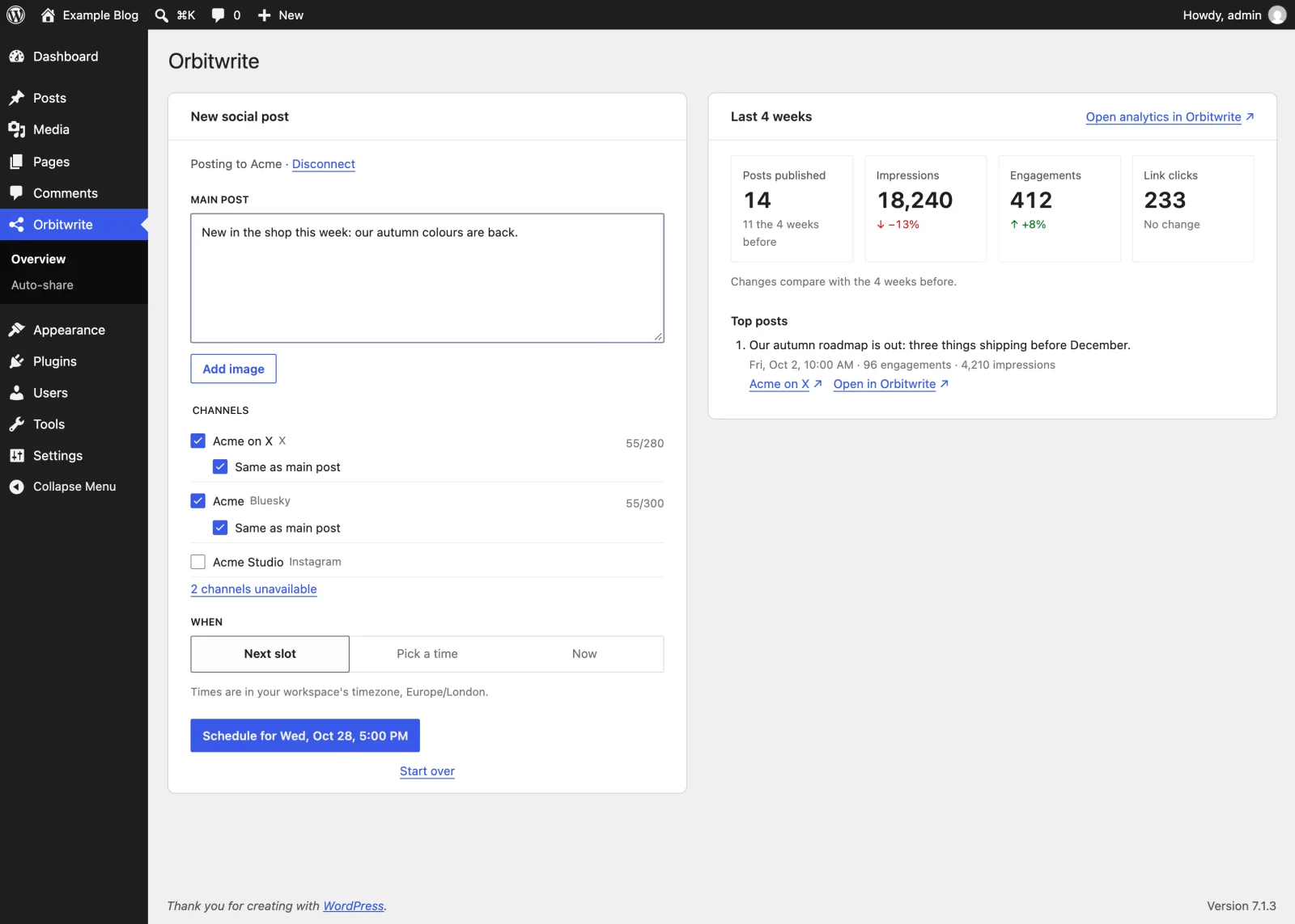 The Orbitwrite page in WordPress: a composer for posts not tied to an article, and the last four weeks of results