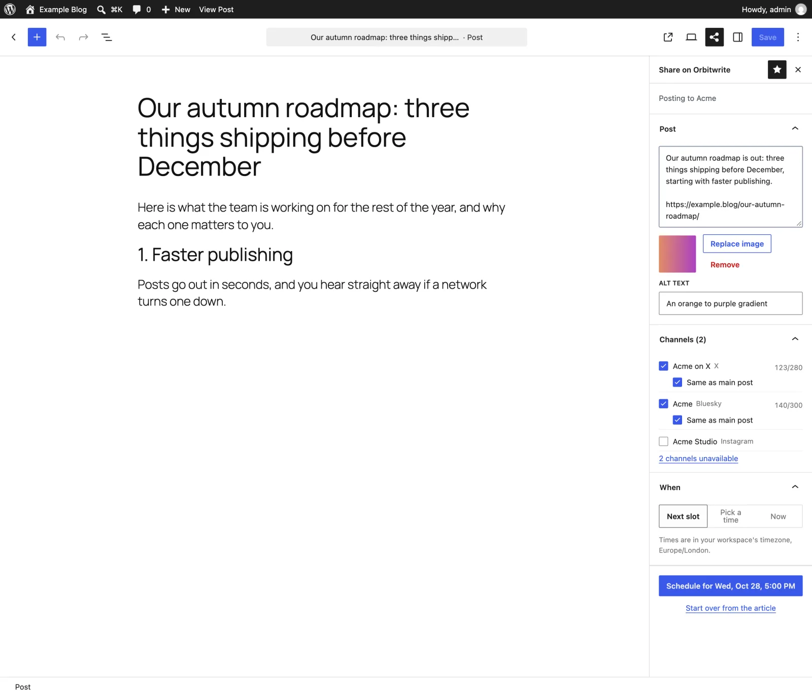 The Share on Orbitwrite sidebar in the block editor, posting an article to X and Bluesky in the next free slot