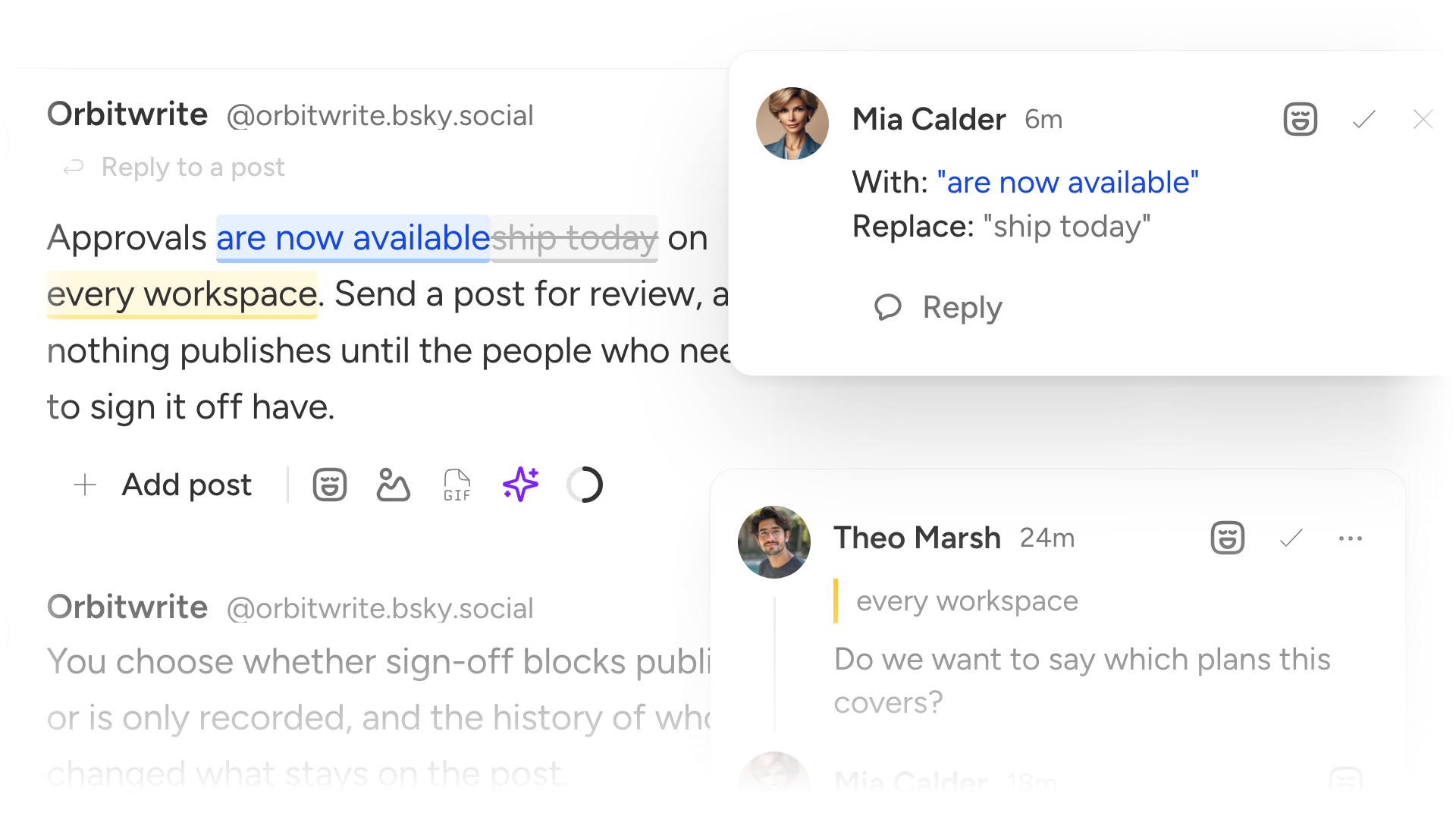 A draft Bluesky post beside the review panel, with a suggested rewrite to accept and a comment on it