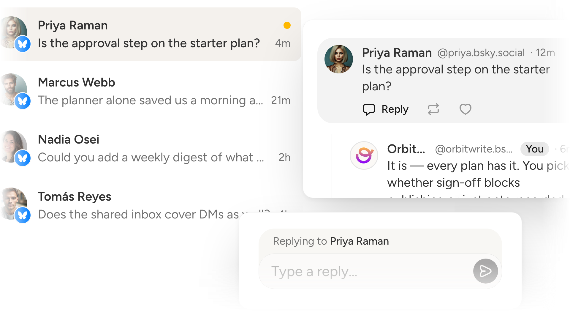 The workspace inbox: replies to a Bluesky post in the list, one thread open with the reply box under it