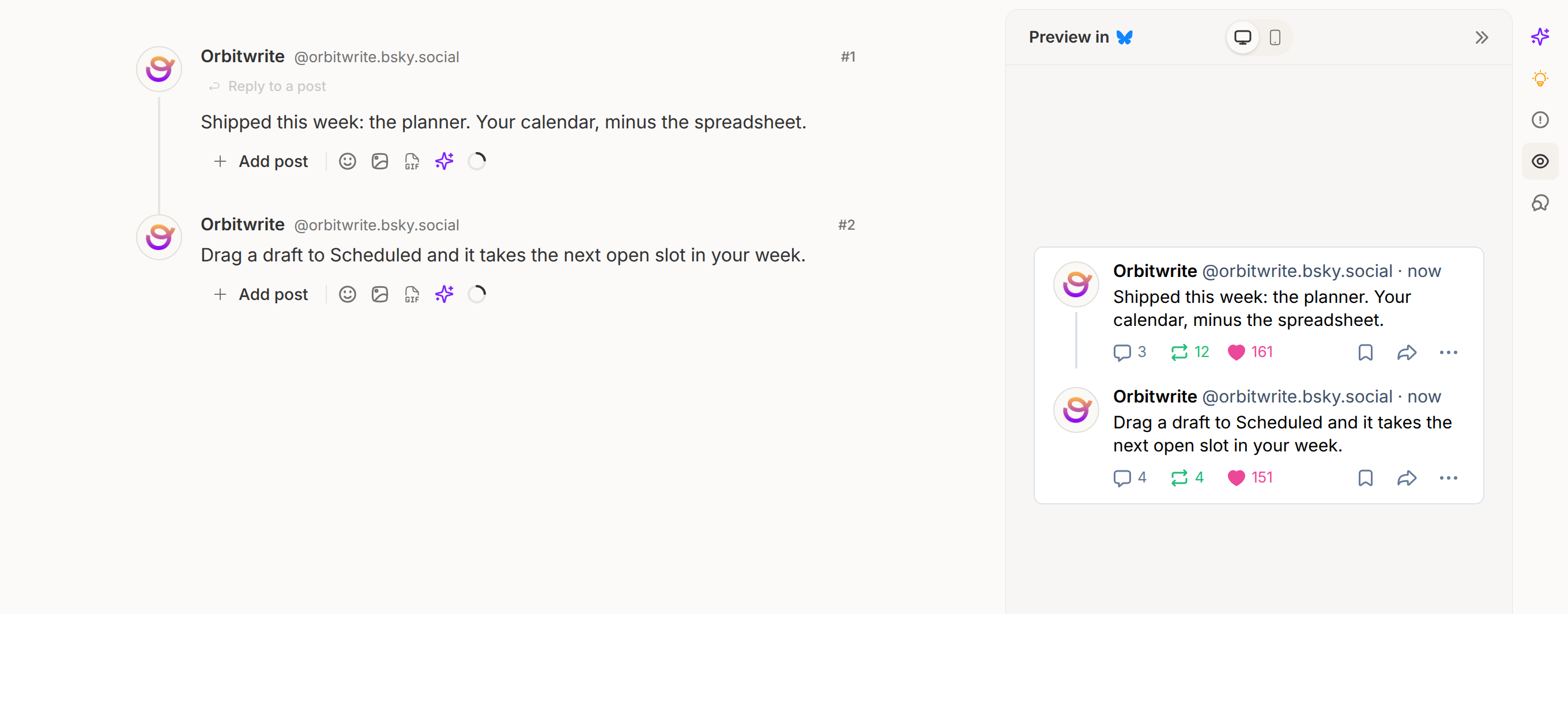 The composer with the preview panel open: the thread on the left, the post as Bluesky will show it on the right