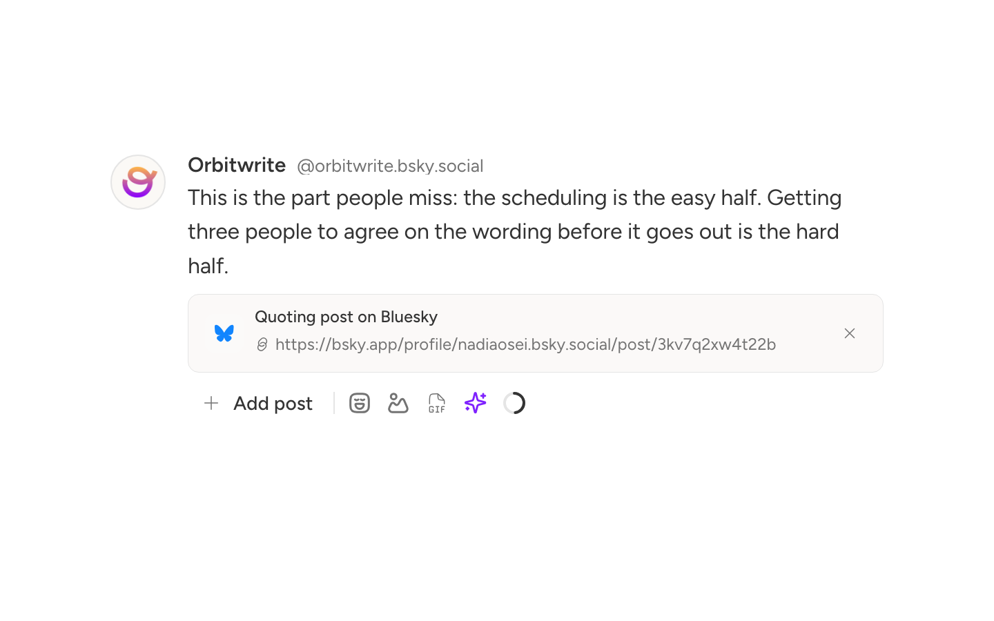 A Bluesky quote post being written above the post it quotes