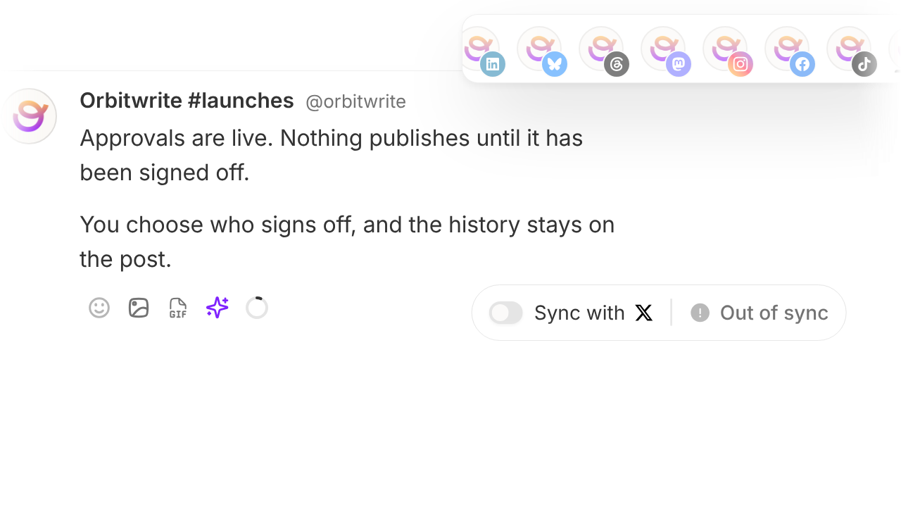 The composer's account row with several networks selected alongside a Discord channel, one of them unsynced and rewritten