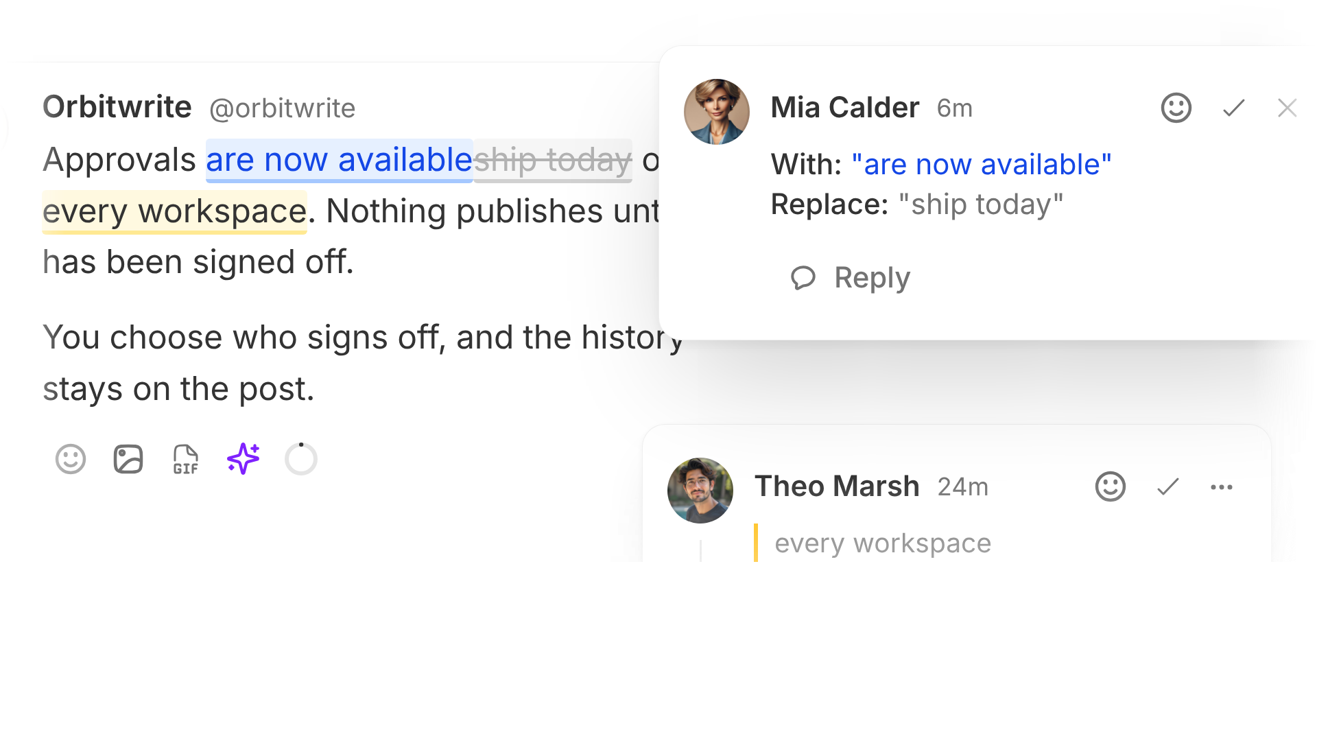 A draft Facebook post beside the review panel, with a suggested rewrite to accept and a comment on it