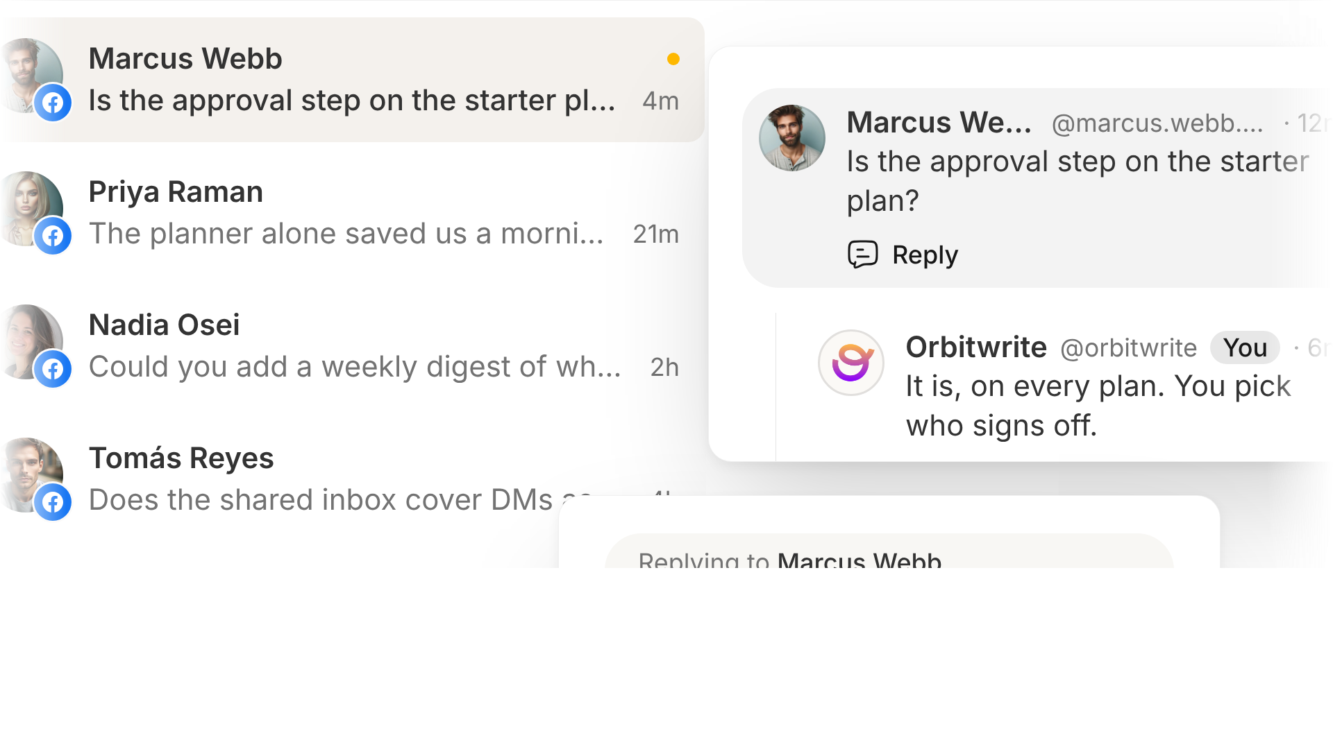 The workspace inbox: comments on a Facebook Page post in the list, one thread open with the reply box under it