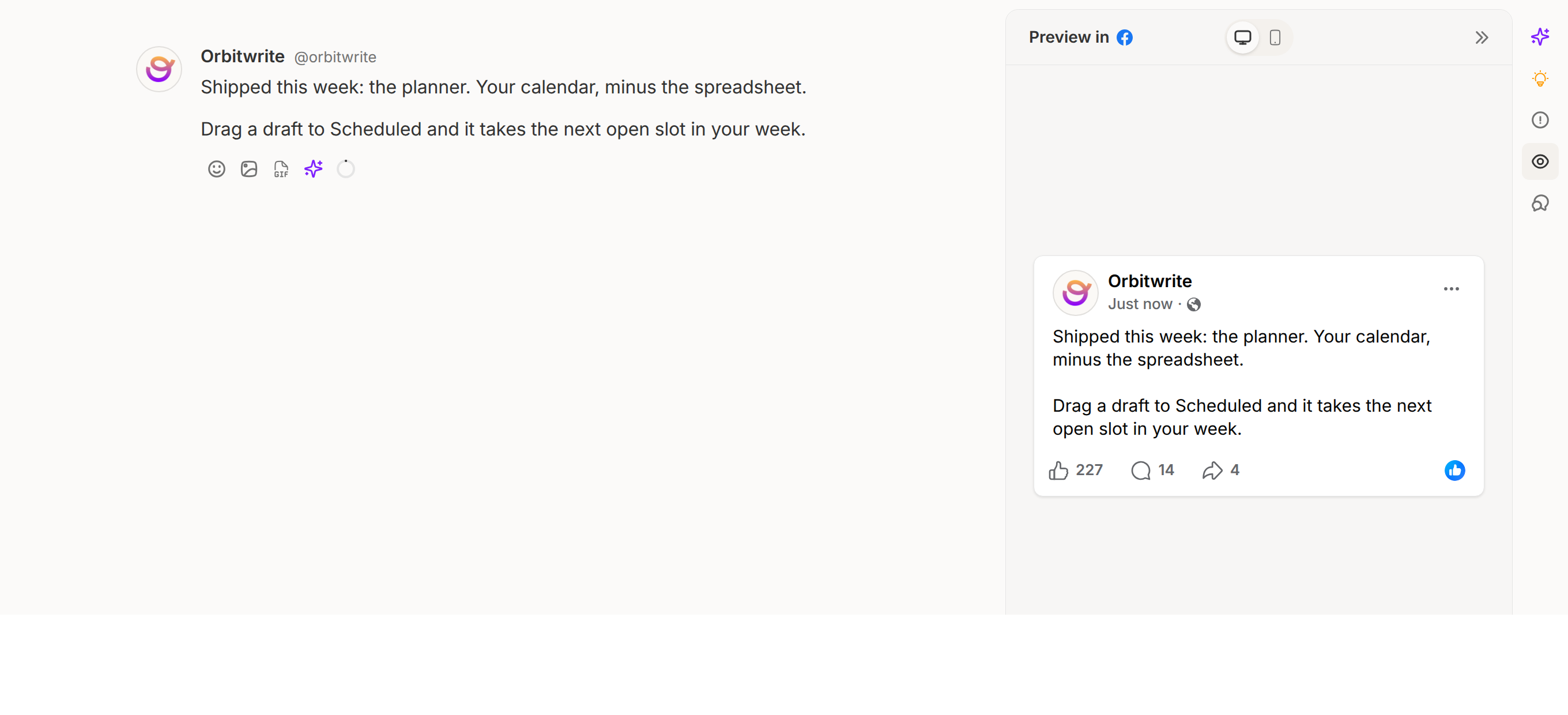 The composer with the preview panel open: the draft on the left, the post as the Facebook Page will show it on the right