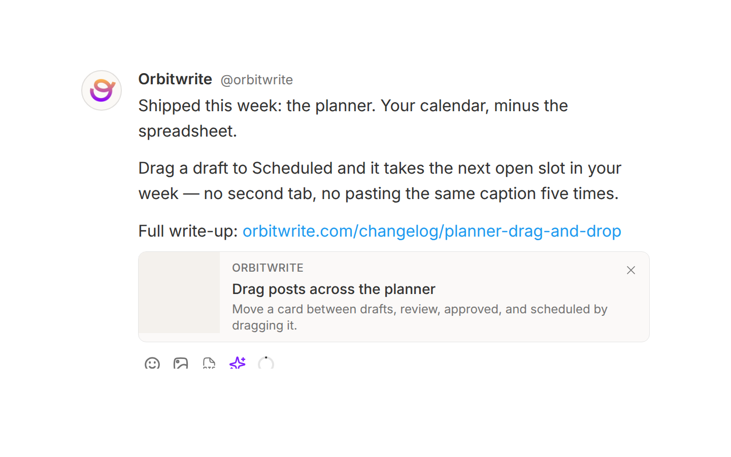 A long Facebook Page draft in the composer with the link preview card built from the URL in it