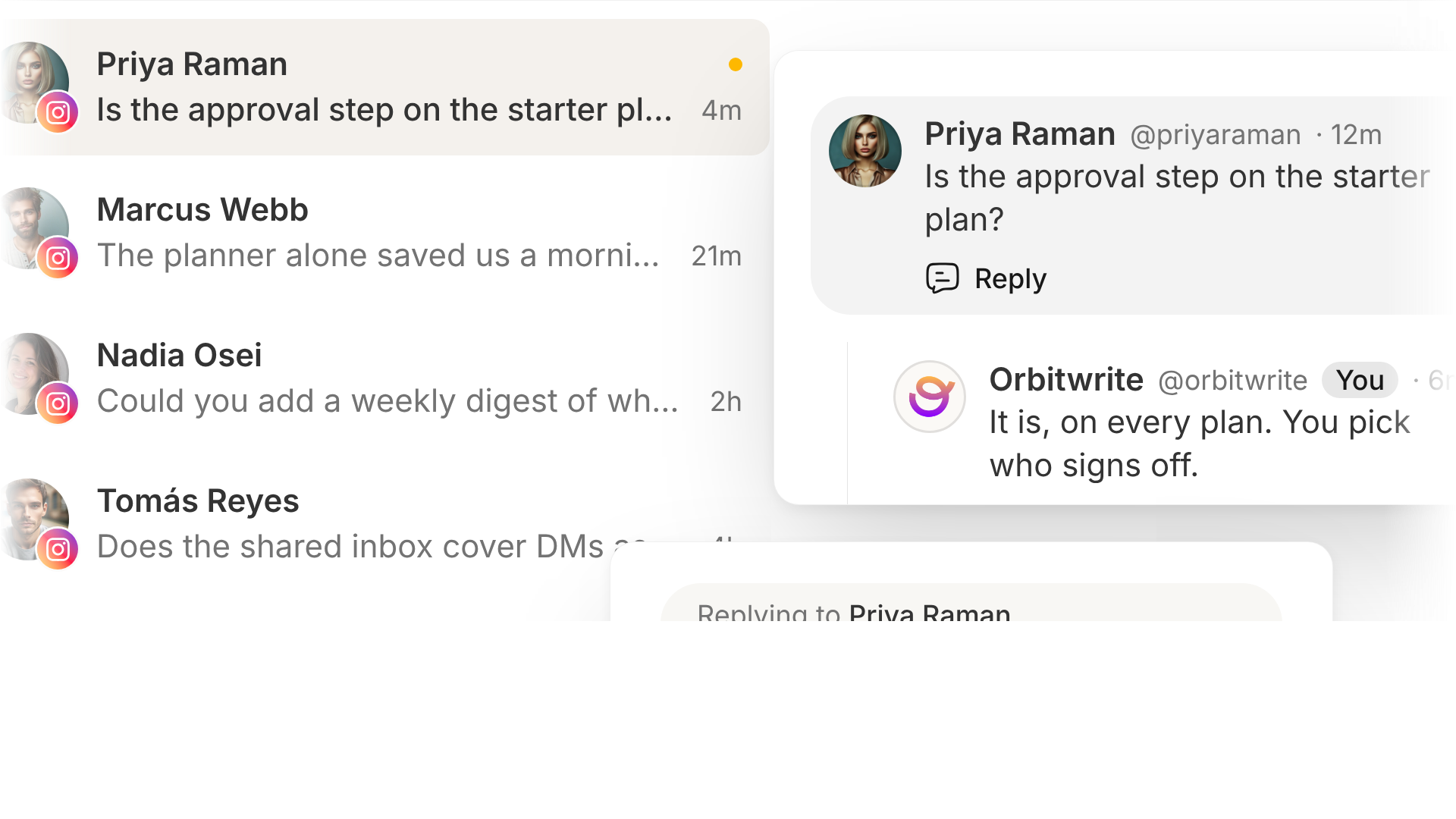 The workspace inbox: comments on an Instagram post in the list, one thread open with the reply box under it