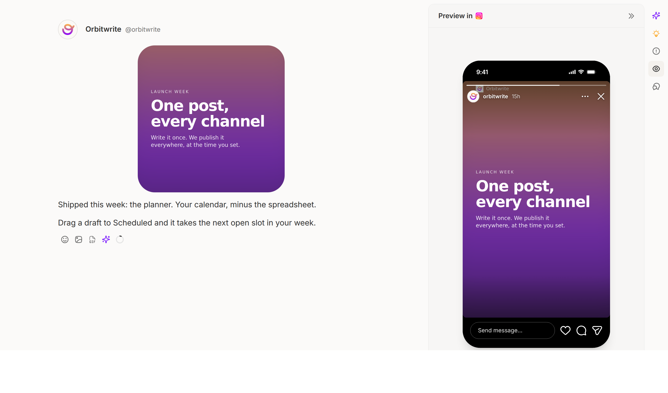 The composer with the preview panel open: the draft and its cover on the left, the Story as Instagram will show it on the right