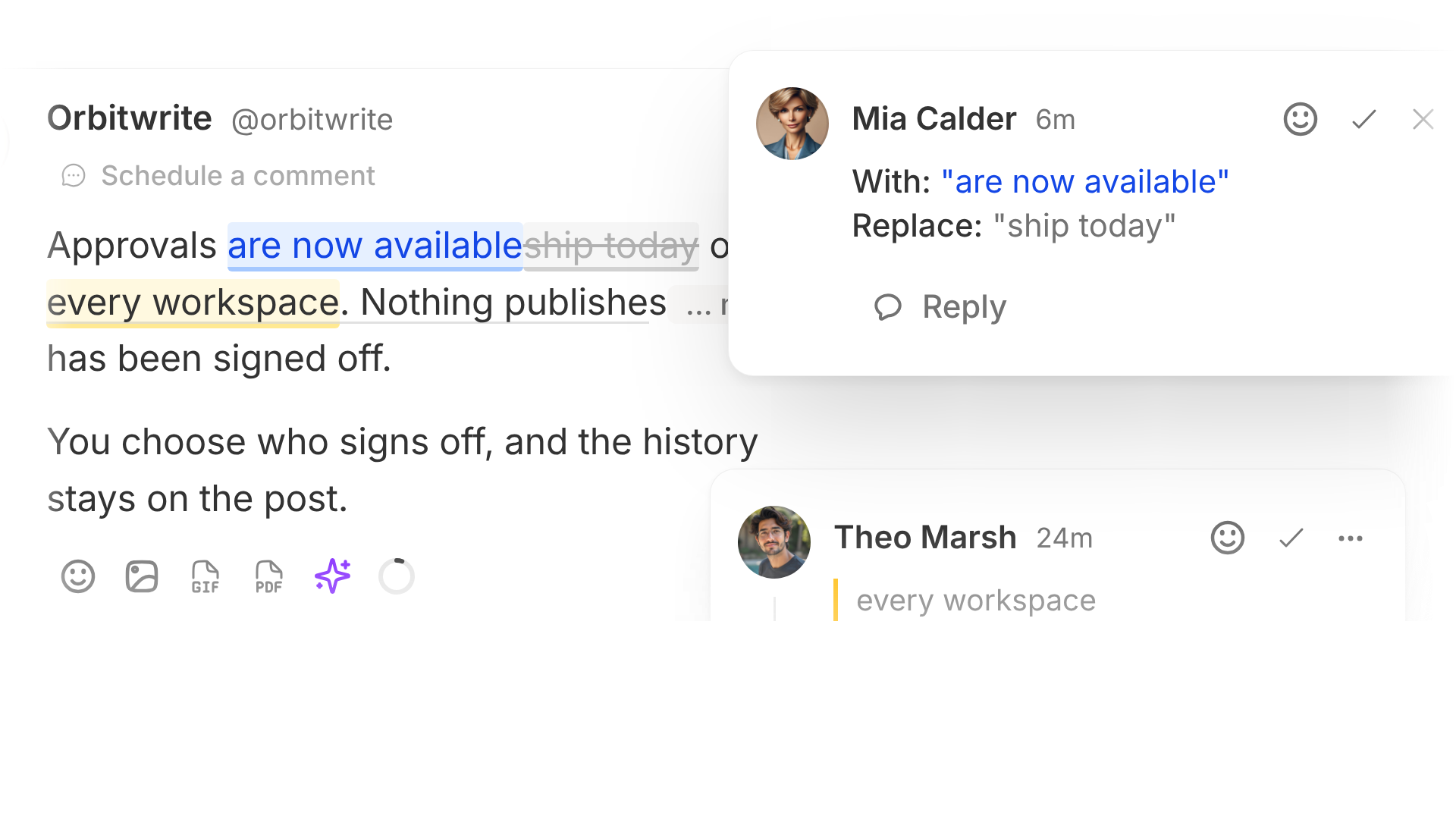A draft LinkedIn post beside the review panel, with a suggested rewrite to accept and a comment on it