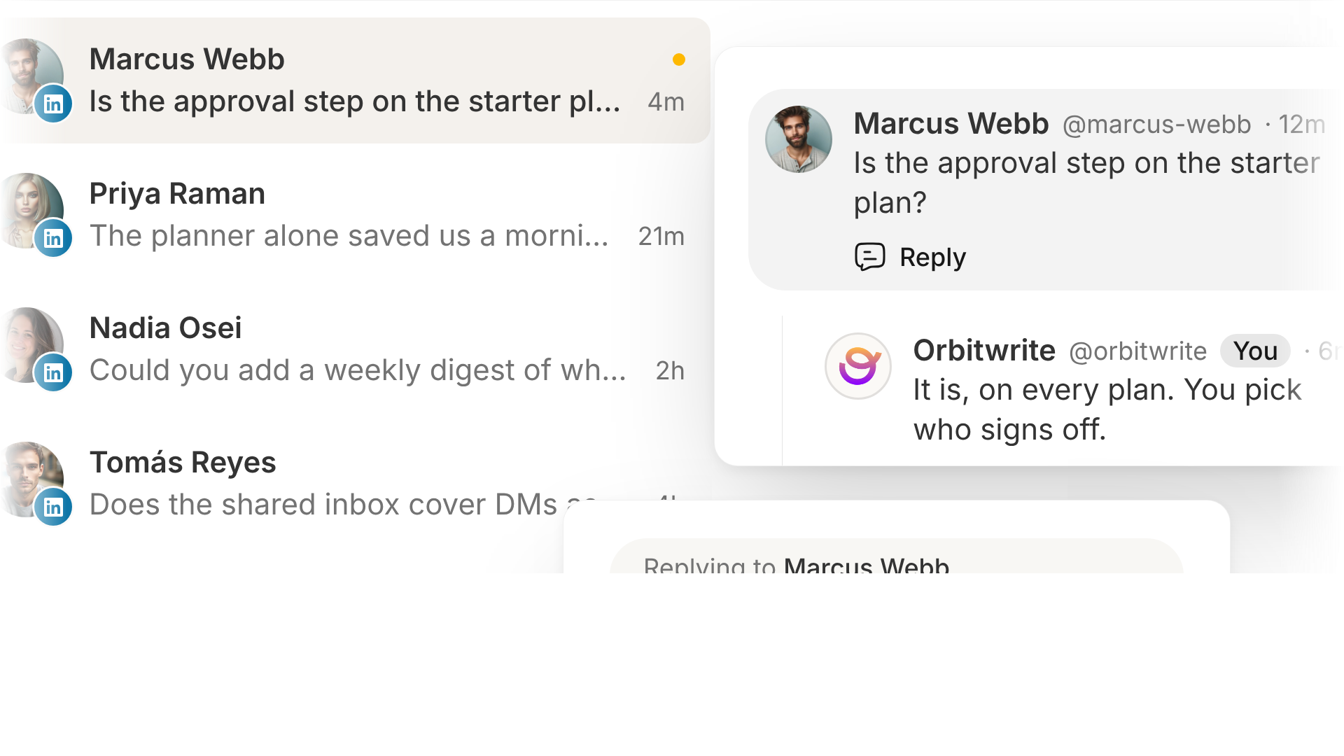The workspace inbox: comments on a LinkedIn page post in the list, one thread open with the reply box under it