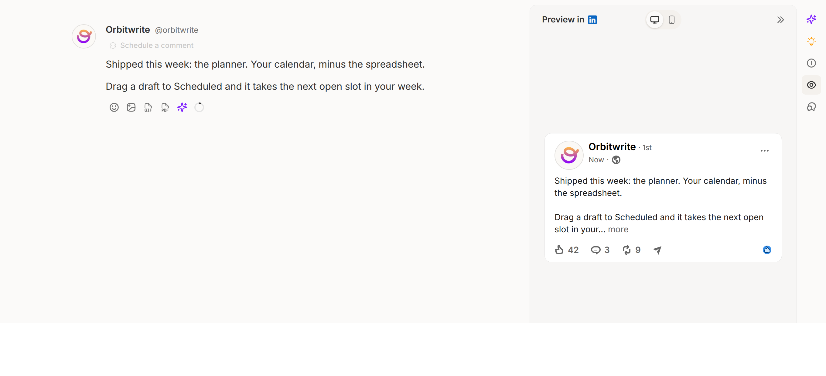 The composer with the preview panel open: the draft on the left, the post as LinkedIn will show it on the right