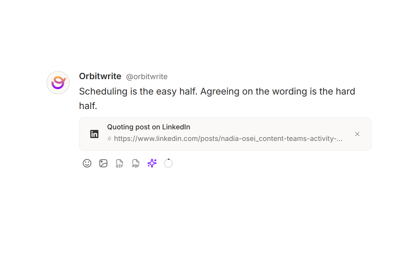A LinkedIn draft above the chip for the post it reshares