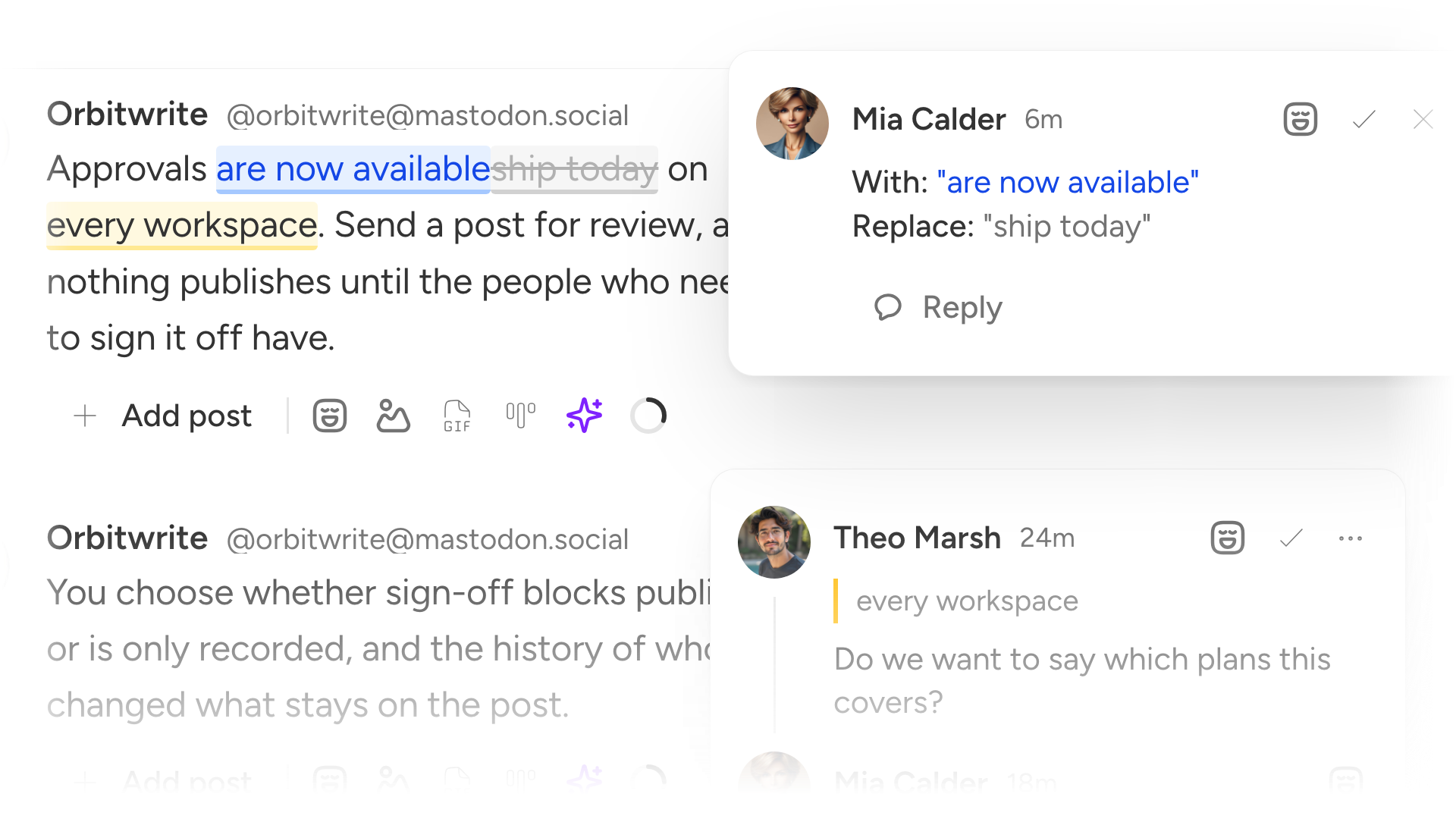 A draft Mastodon post beside the review panel, with a suggested rewrite to accept and a comment on it