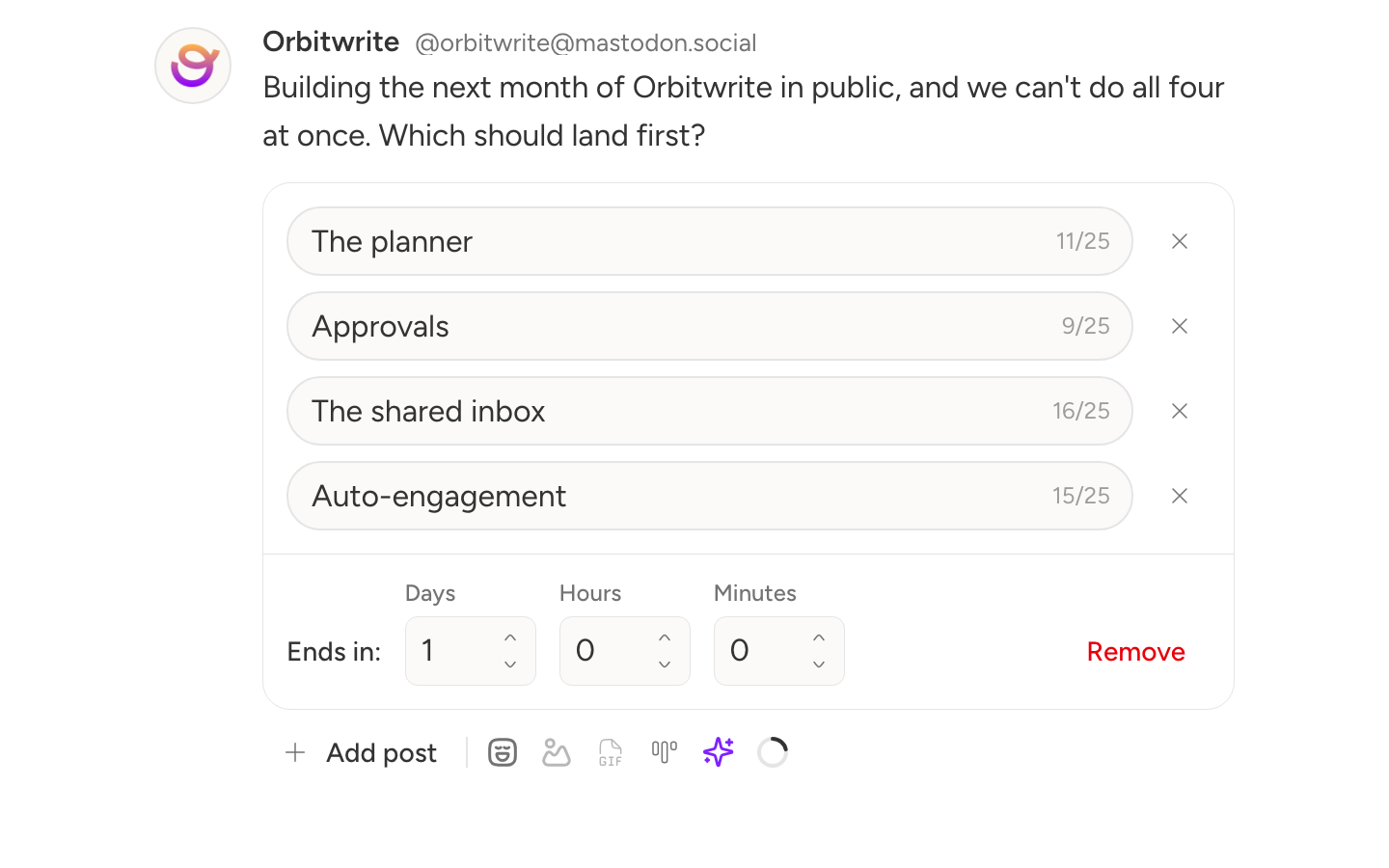 A four-option poll on a draft Mastodon post, running for a day