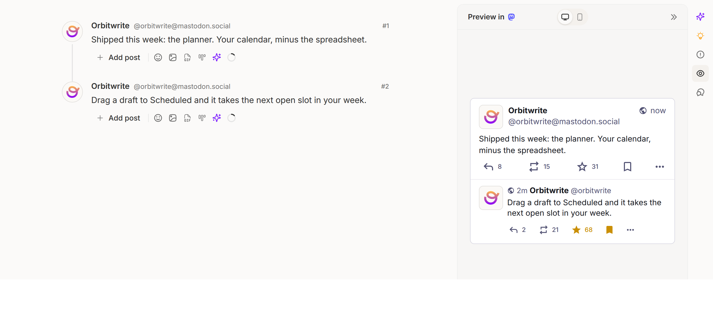 The composer with the preview panel open: the draft on the left, the post as Mastodon will show it on the right