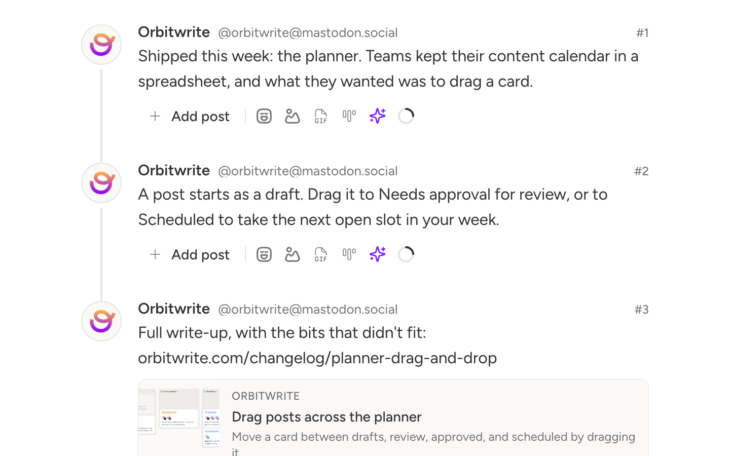 The composer with a three-post Mastodon thread, each post showing its own 500-character counter, and the link card the last one's URL produced