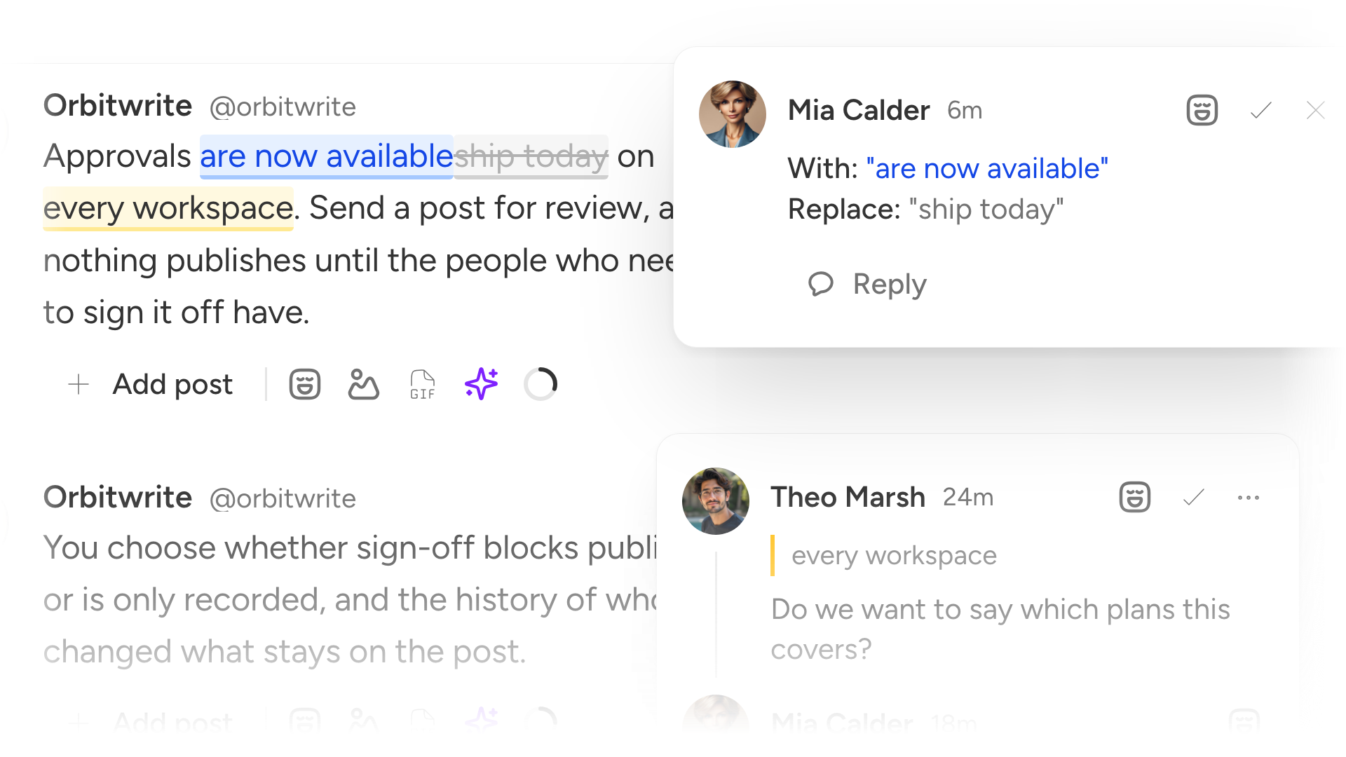 A draft Threads post beside the review panel, with a suggested rewrite to accept and a comment on it
