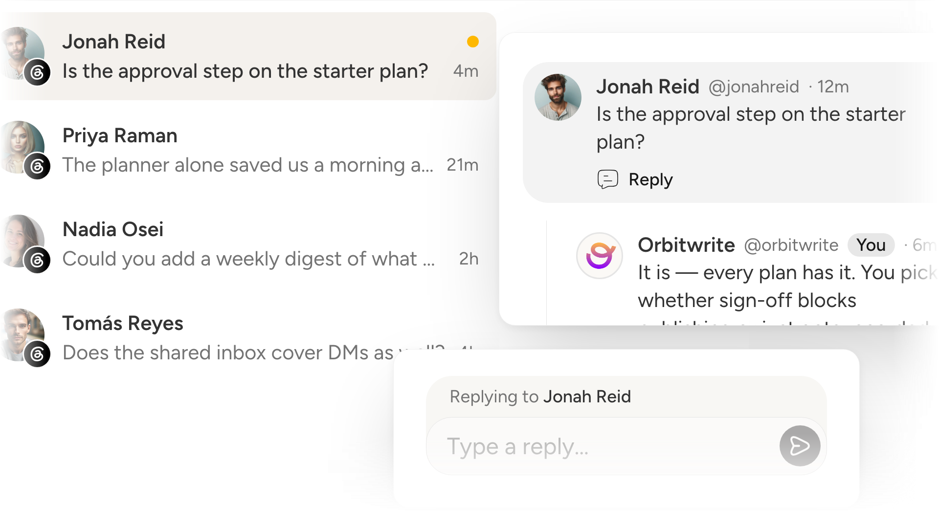The workspace inbox: replies to a Threads post in the list, one thread open with the reply box under it