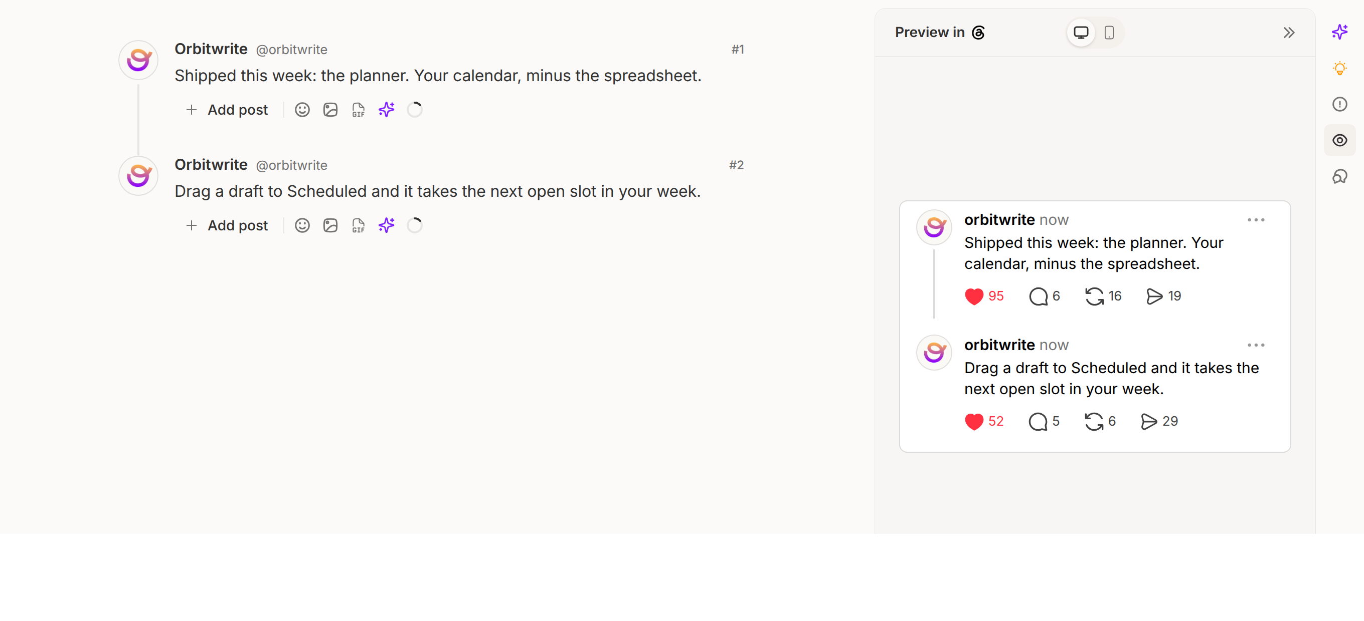 The composer with the preview panel open: the chain on the left, the posts as Threads will show them on the right
