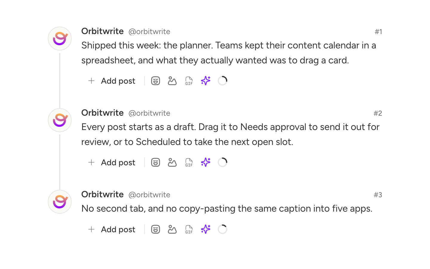 The composer with a chain of Threads posts, each showing its own character count
