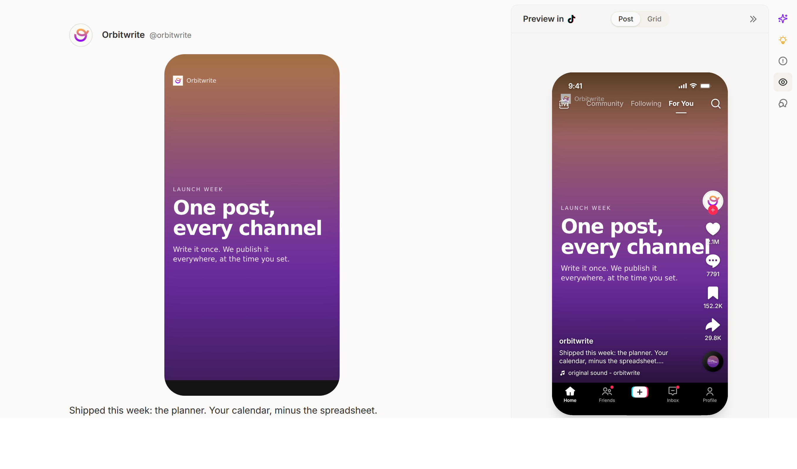 The composer with the preview panel open: the caption and cover on the left, the post as TikTok will show it on the right