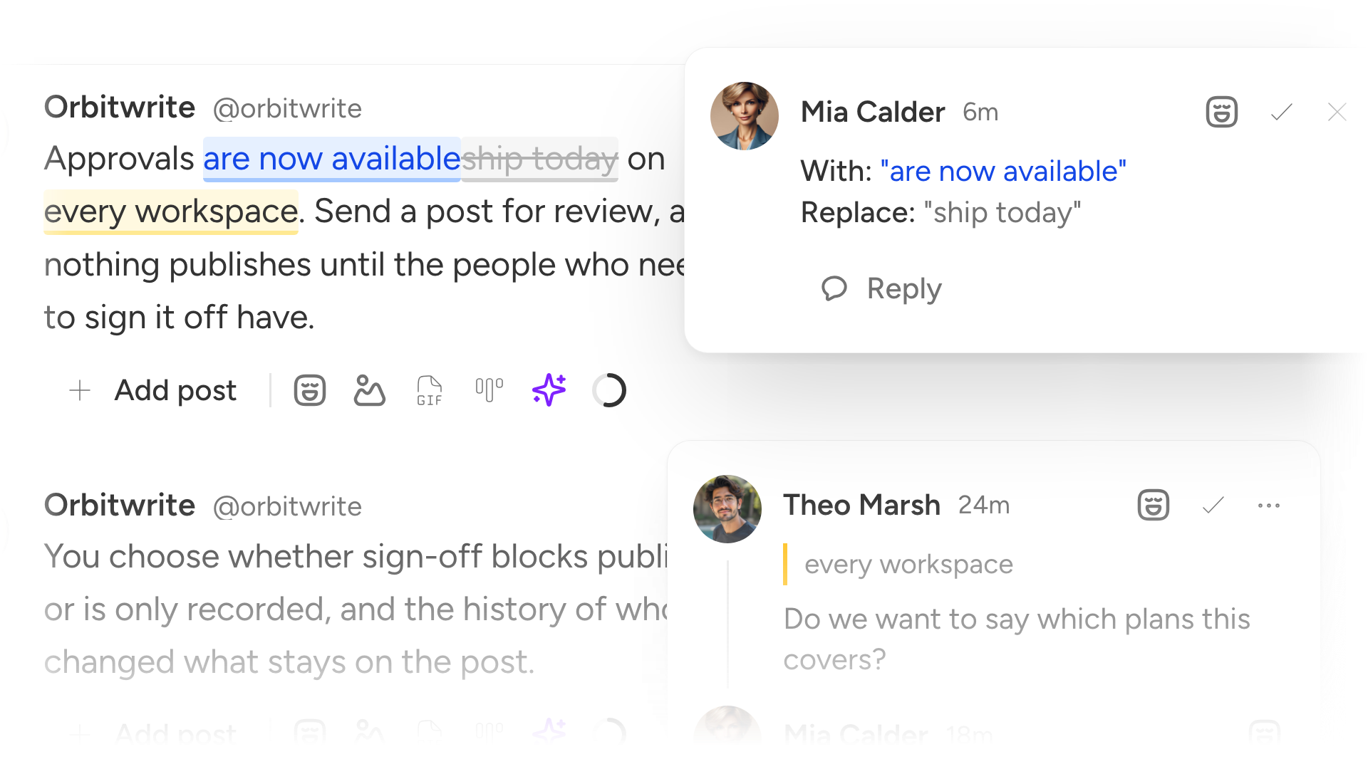 A draft X post beside the review panel, with a suggested rewrite to accept and a comment on it