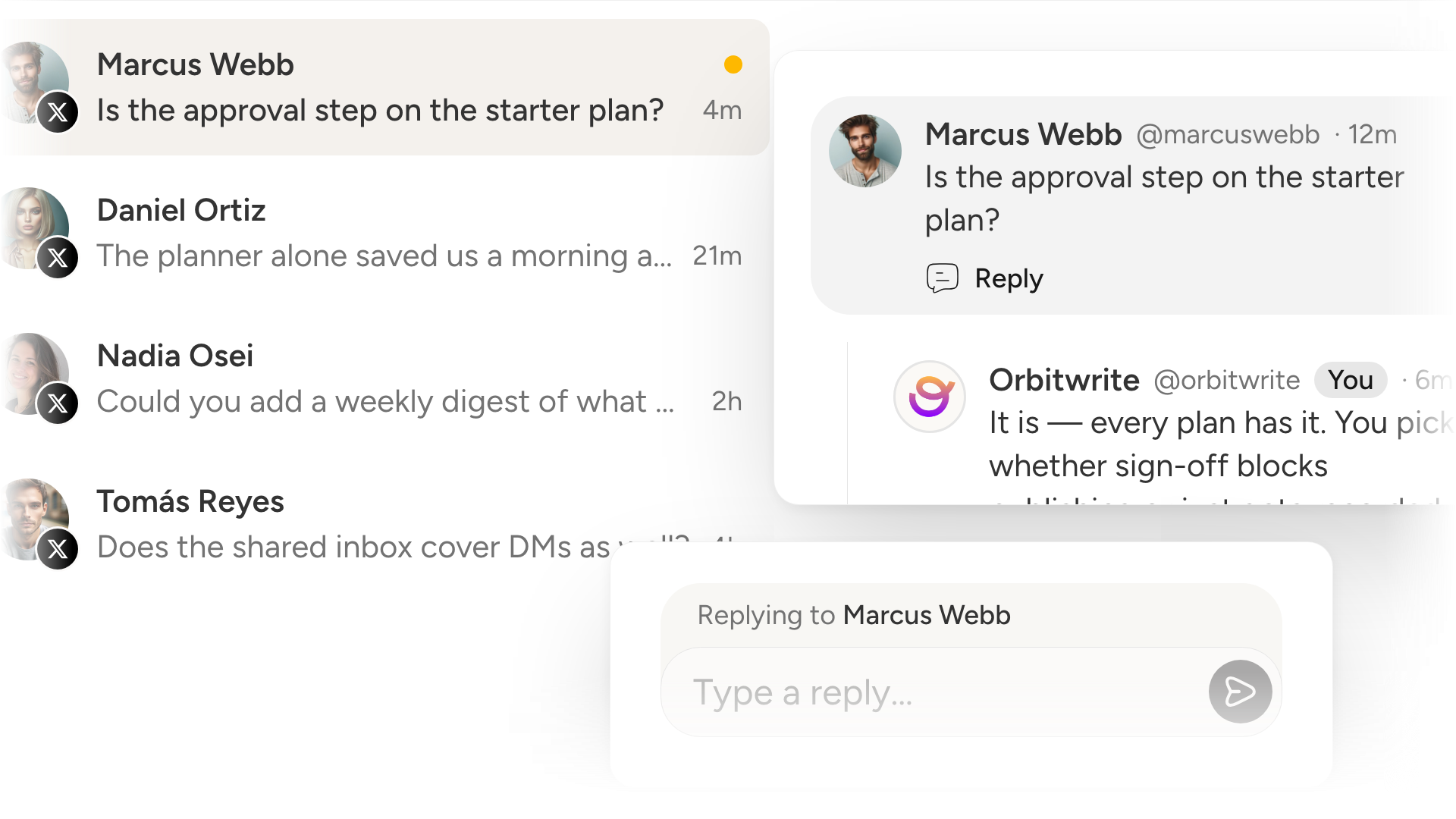 The workspace inbox: replies to an X post in the list, one thread open with the reply box under it