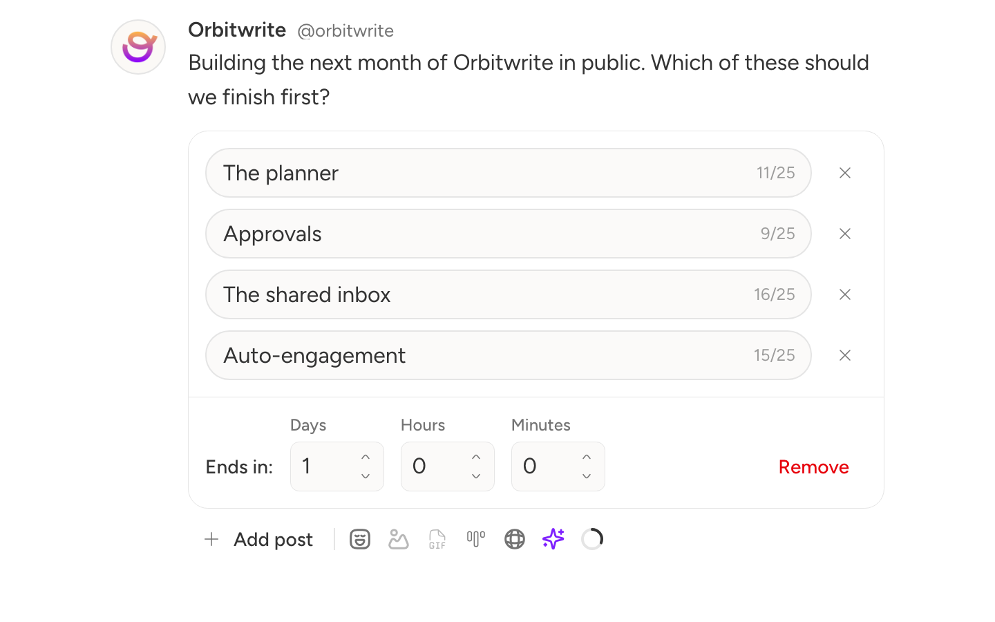 A four-option poll on a draft X post, with the toolbar's reply-audience control beside it