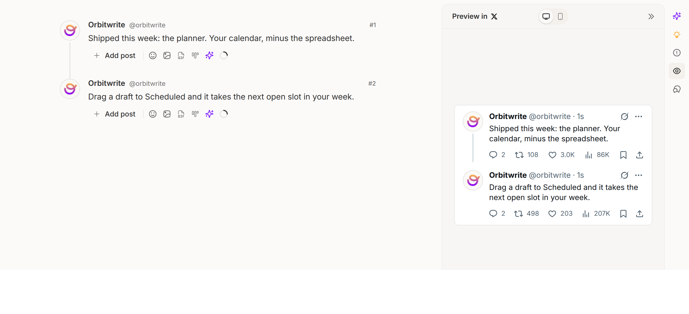 The composer with the preview panel open: the thread on the left, the post as X will show it on the right