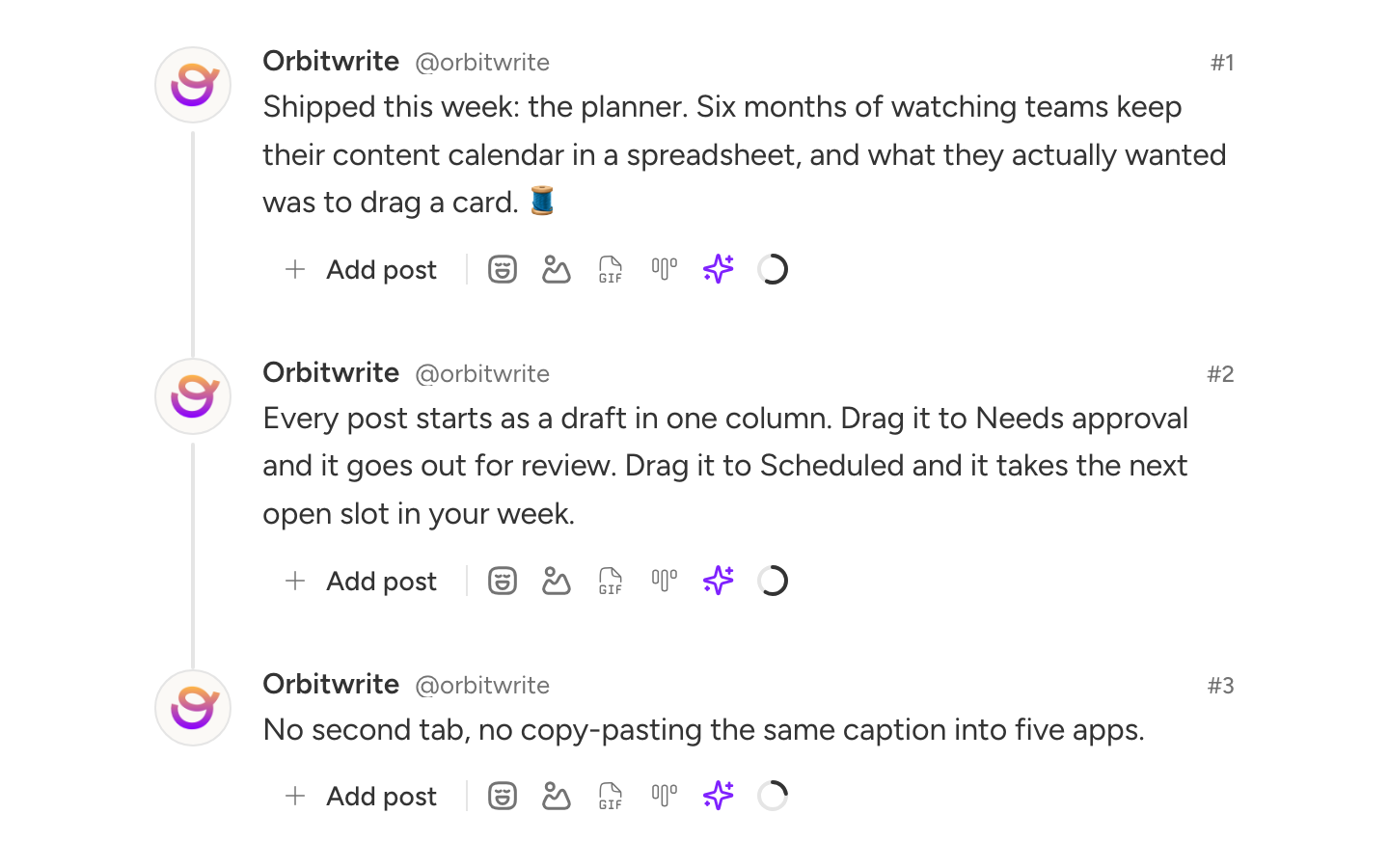 The composer with a three-post X thread, each post showing its own character count